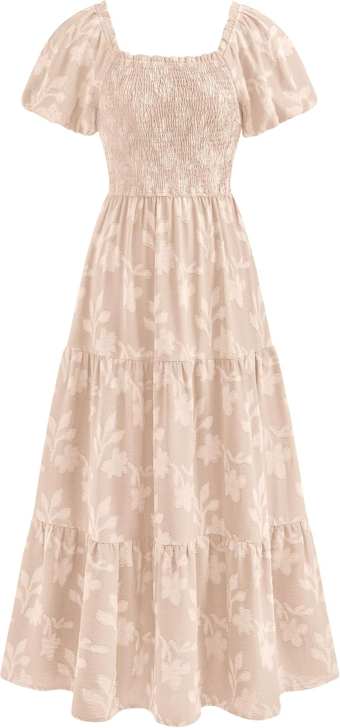 PRETTYGARDEN Women's 2026 Summer Boho Maxi Dresses Floral Short Sleeve Square Neck Smocked Flowy Long Dress Vacation Outfits