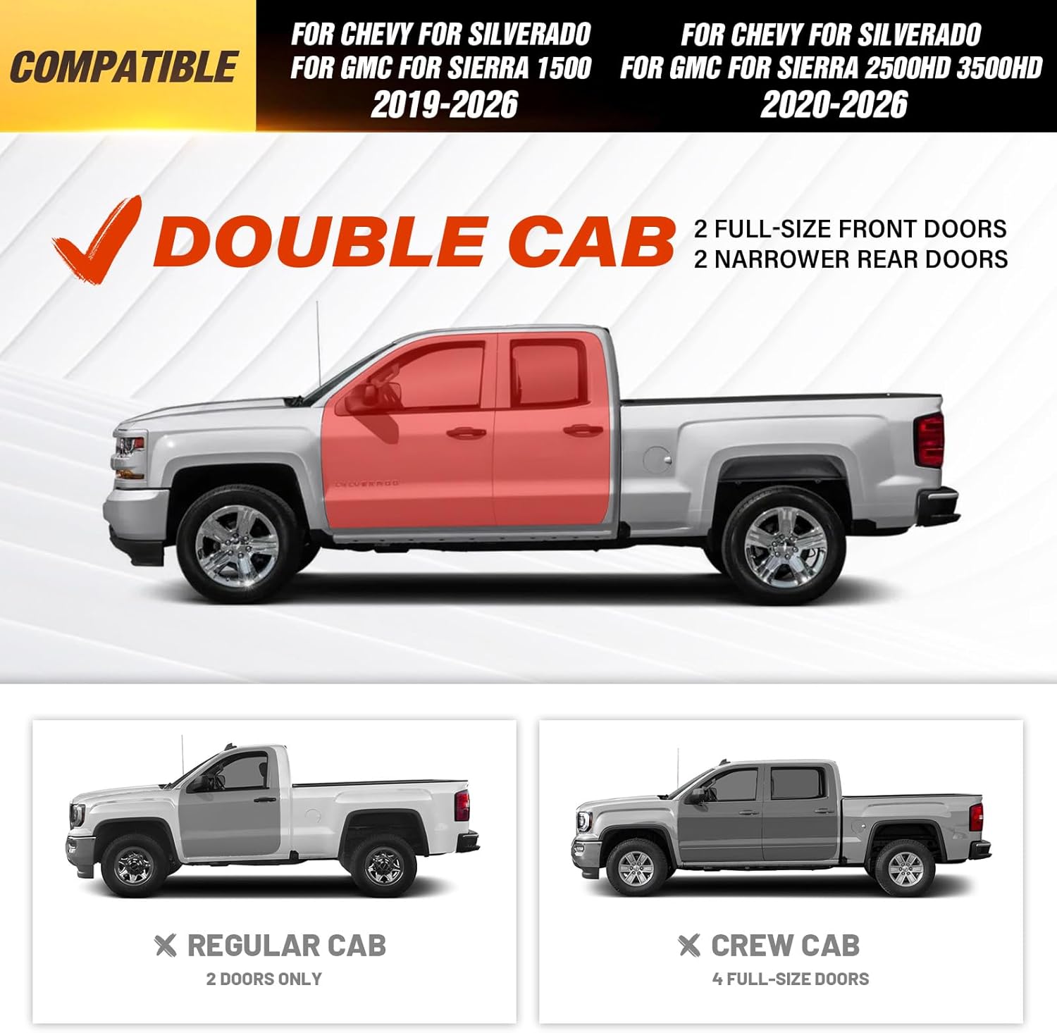 Double Cab Running Boards Side Steps Compatible with 2019-2026 Chevy Silverado & GMC Sierra 1500, 2020-2026 Chevrolet Silverado/GMC Sierra 2500 3500 HD Extended Cab Two Stair Design Nerf Bar