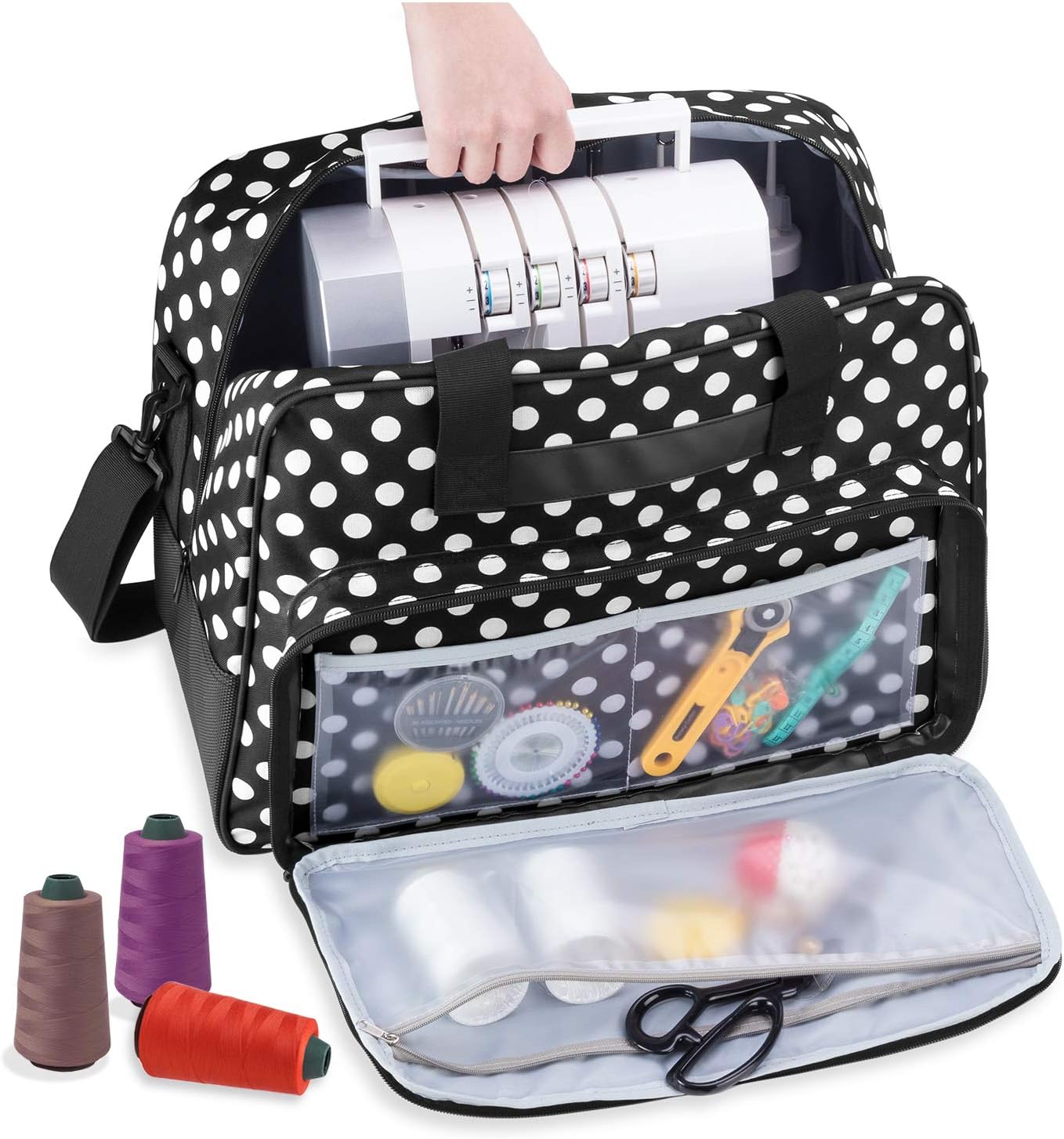 Yarwo Serger Carrying Case, Universal Overlock Sewing Machine Tote Bag with Anti-Slip Padded Bottom for Most Standard Overlocker Machine and Supplies, Black Dots