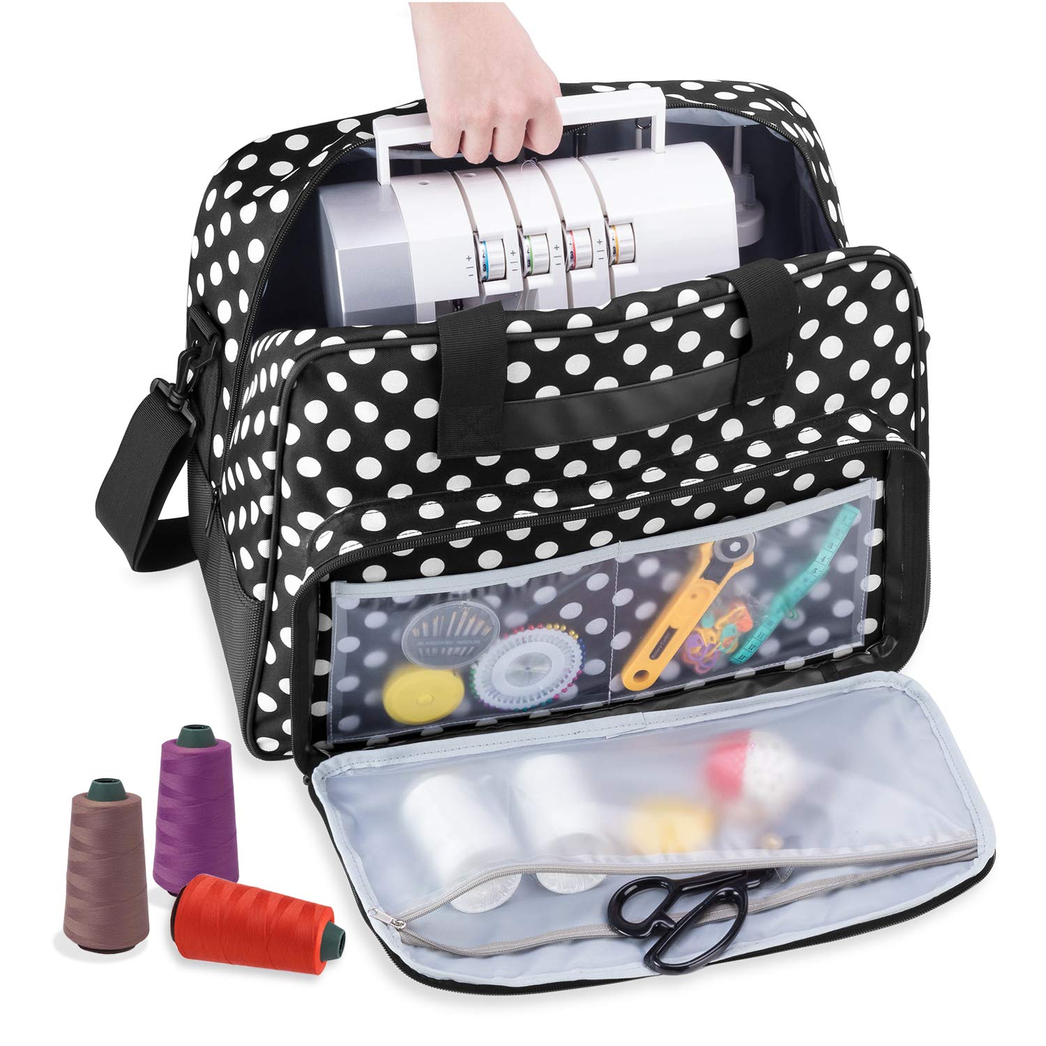 Yarwo Sac pour Surjeteuses, Sac de Transport pour Surjeteuses, Convient à la Plupart Majeur Surjeteuses, avec Fond antidérapant et rembourré épais Interne, Points Noirs | Plusieurs poches, rembourrage épais, bretelles ajustables, sangle bagage, convient à