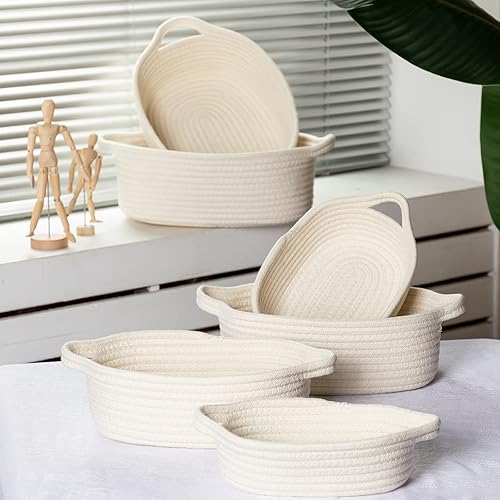 Miniatura 5 de Cesta tejida de 6 tamaños con bolsas de regalo y lazos dorados, cestas ovaladas de cuerda suave con asas, cestas de regalo, cesta vacía de algodón