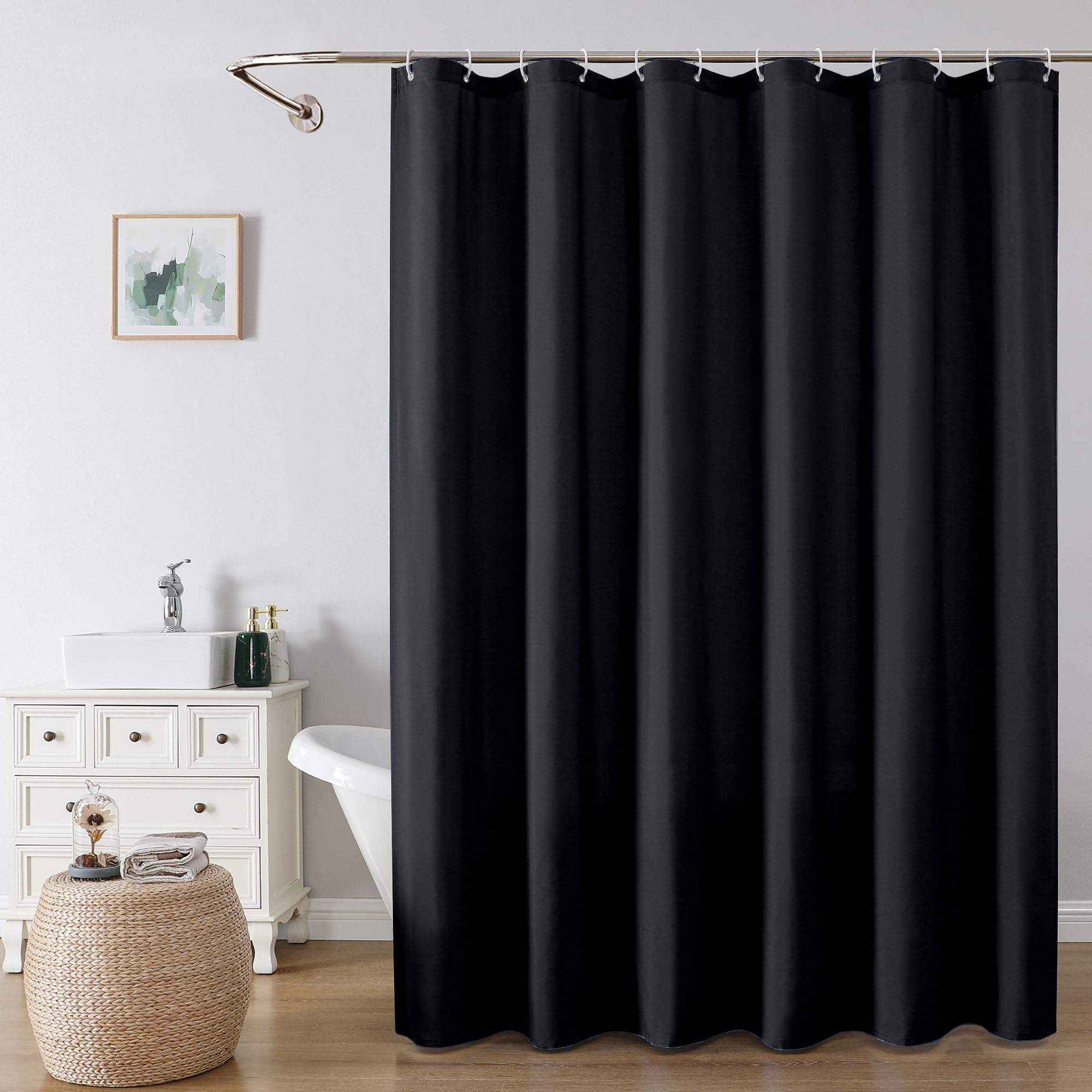OVZME Zora 84 Inch Shower Curtain Set with 12 Plastic Hooks, Plain Fabric Black Shower Curtain for Bathroom - Extra Long Shower Curtain, Water