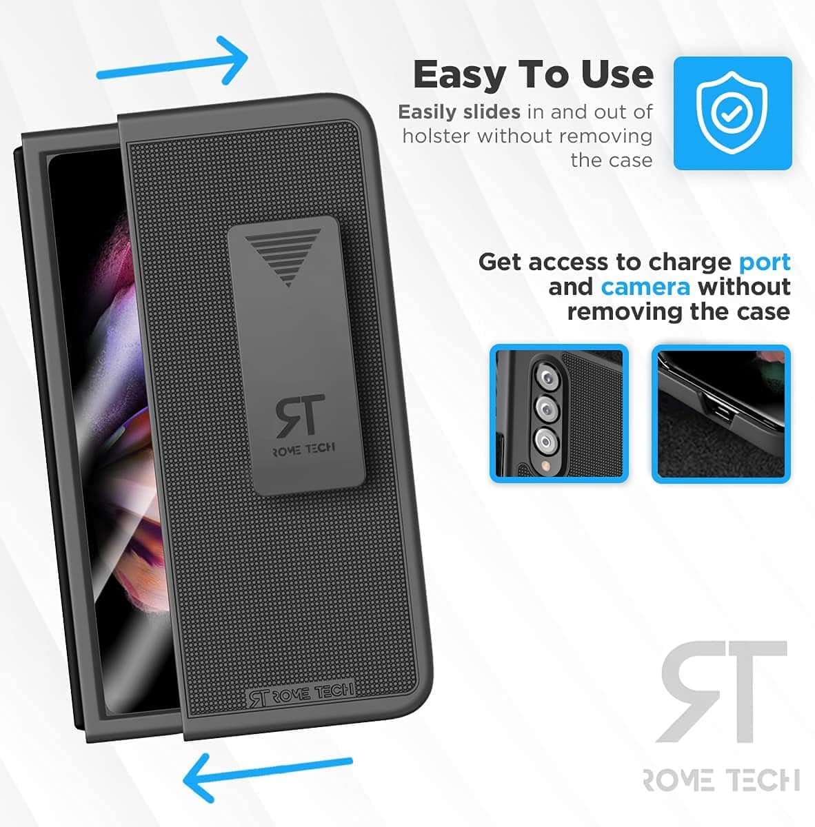 Rome Tech Belt Clip Phone Case for Samsung Galaxy Z Fold3 5G - Slim Heavy Duty Rugged Slide Hip Holster Cover with Kickstand Compatible with Galaxy Z Fold3 5G - Black