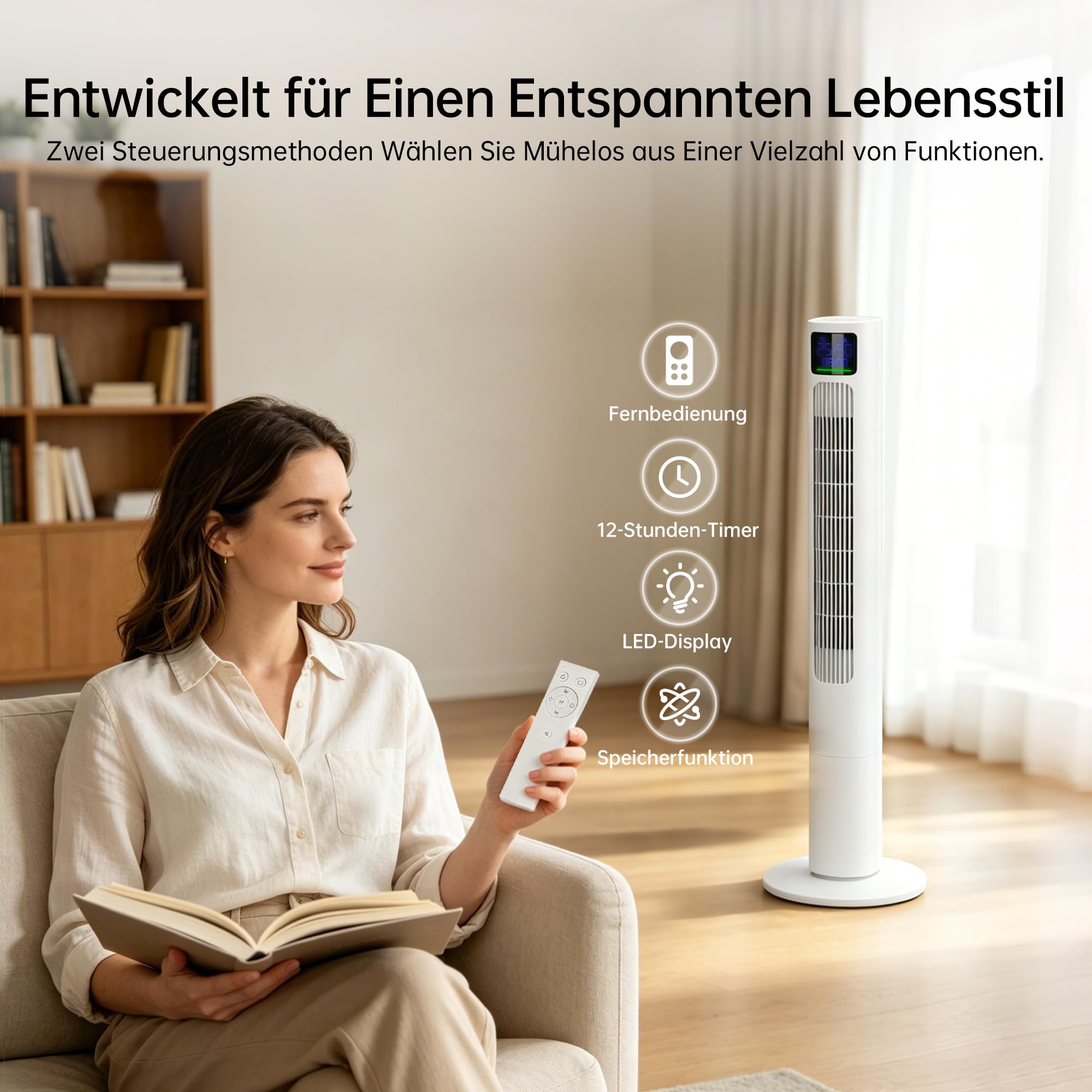 HEALLUX Turmventilator 115 cm, leiser Ventilator mit Fernbedienung, 10 m Wurfweite, 4 Geschwindigkeiten & 4 Modi, 90° oszillierend, 12h Timer, energiesparend, Tower Fan für Schlafzimmer, Weiß