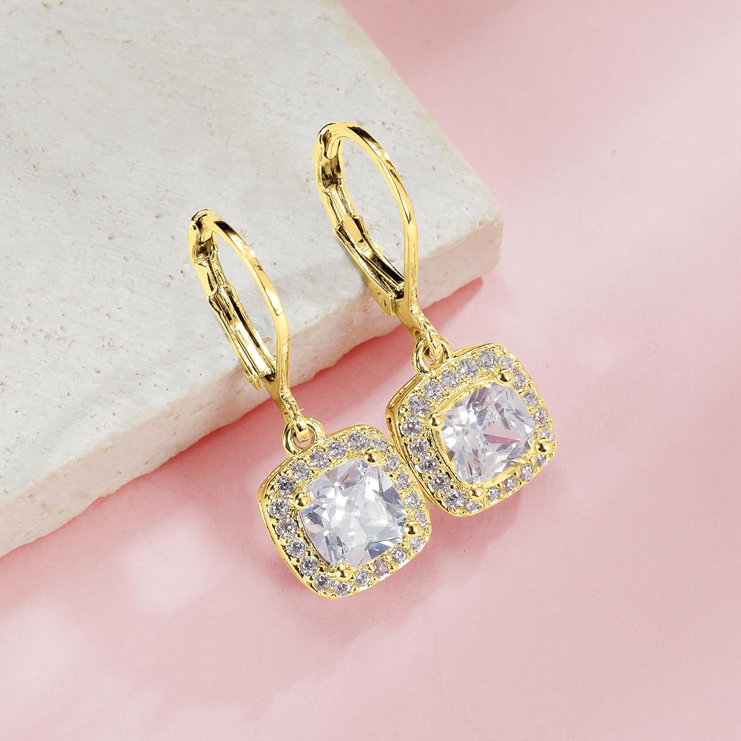 MDFUN Dangle Earrings 18K White Gold Plated Round Princess Halo Square Heart Teardrop Eye Cut Clear Cubic Zirconia Drop Earrings for Women Hypoallergenic - Image 3