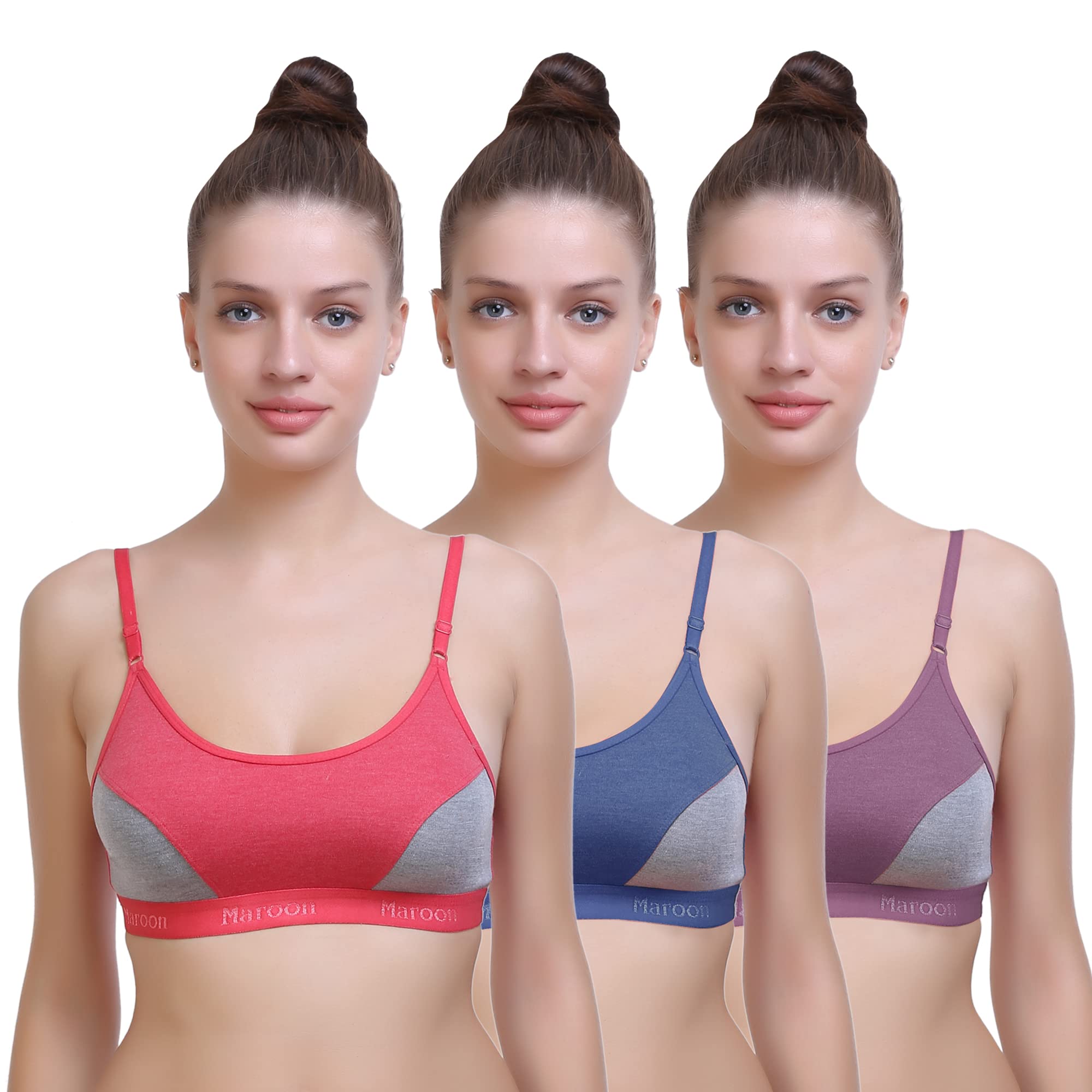 maroon Multicolor-36 Cotton Seamed Non Padded 3/4th Coverage Slip-on Non-Wired Women Pack of 3 Sports Bra Combo Multicolour-picture-21