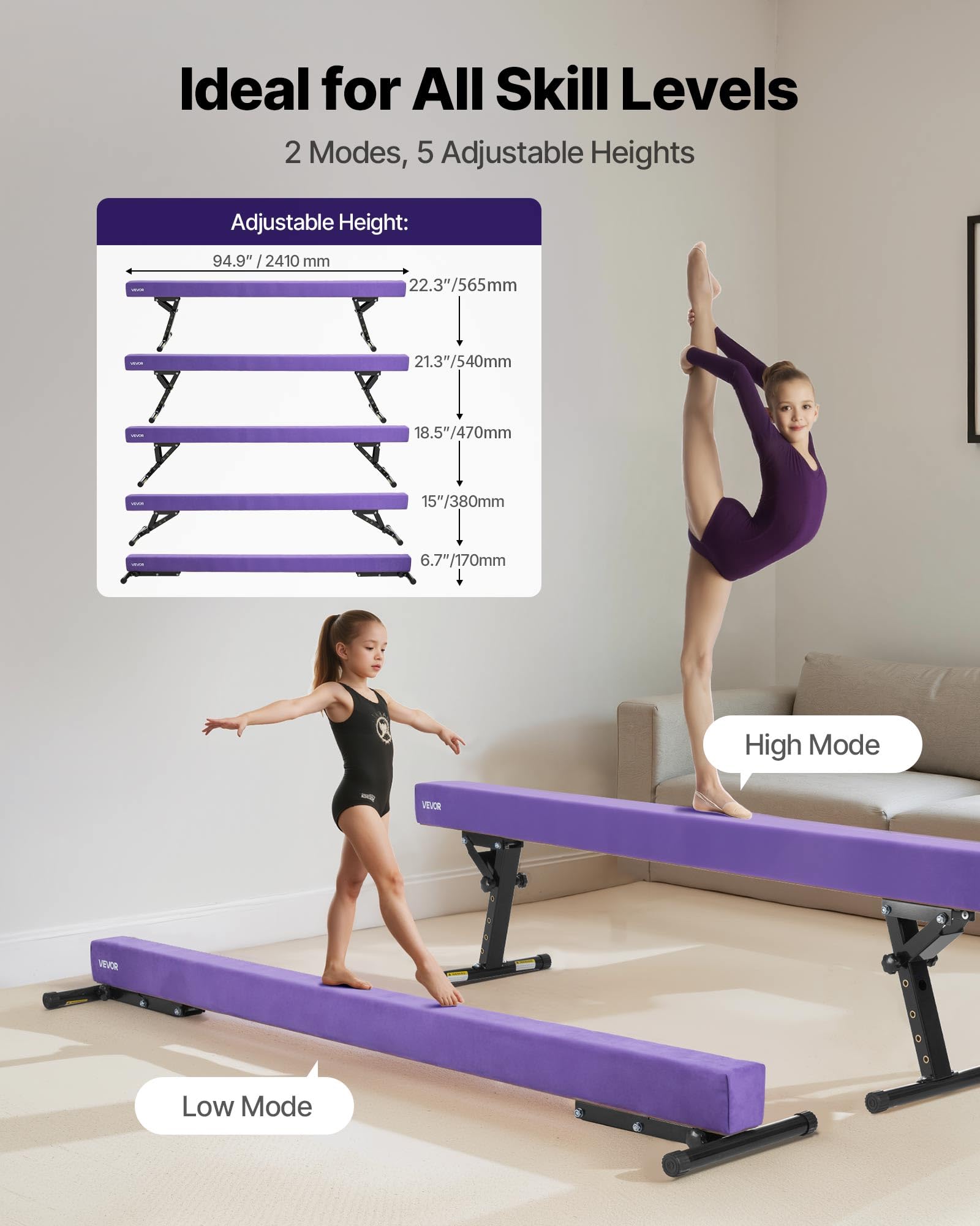 VEVOR Poutre Gymnastique réglable pour Enfants, 2410 mm, Poutre d'équilibre avec 2 Modes et 5 hauteurs réglables, équipement d'entraînement Professionnel pour Maison et Centre de Gymnastique, Violet
