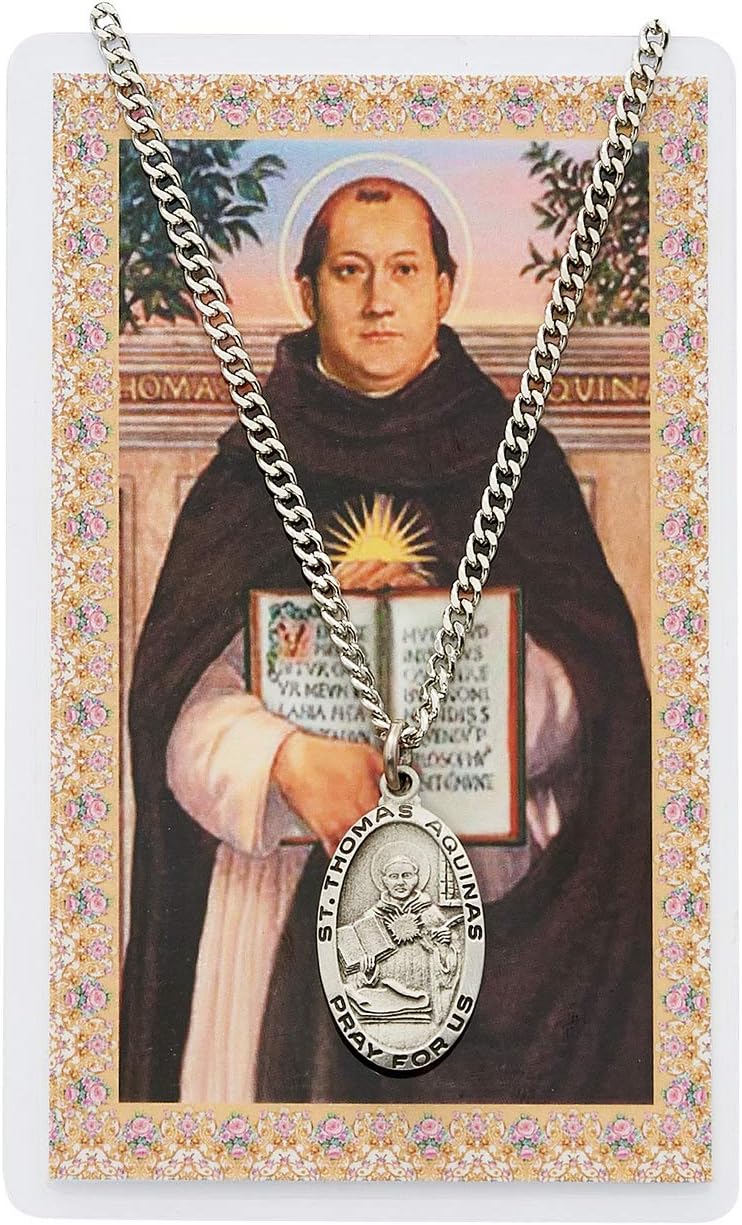 St. Thomas Aquinas 1-inch Pewter Medal Pendant Necklace with Holy Prayer Card