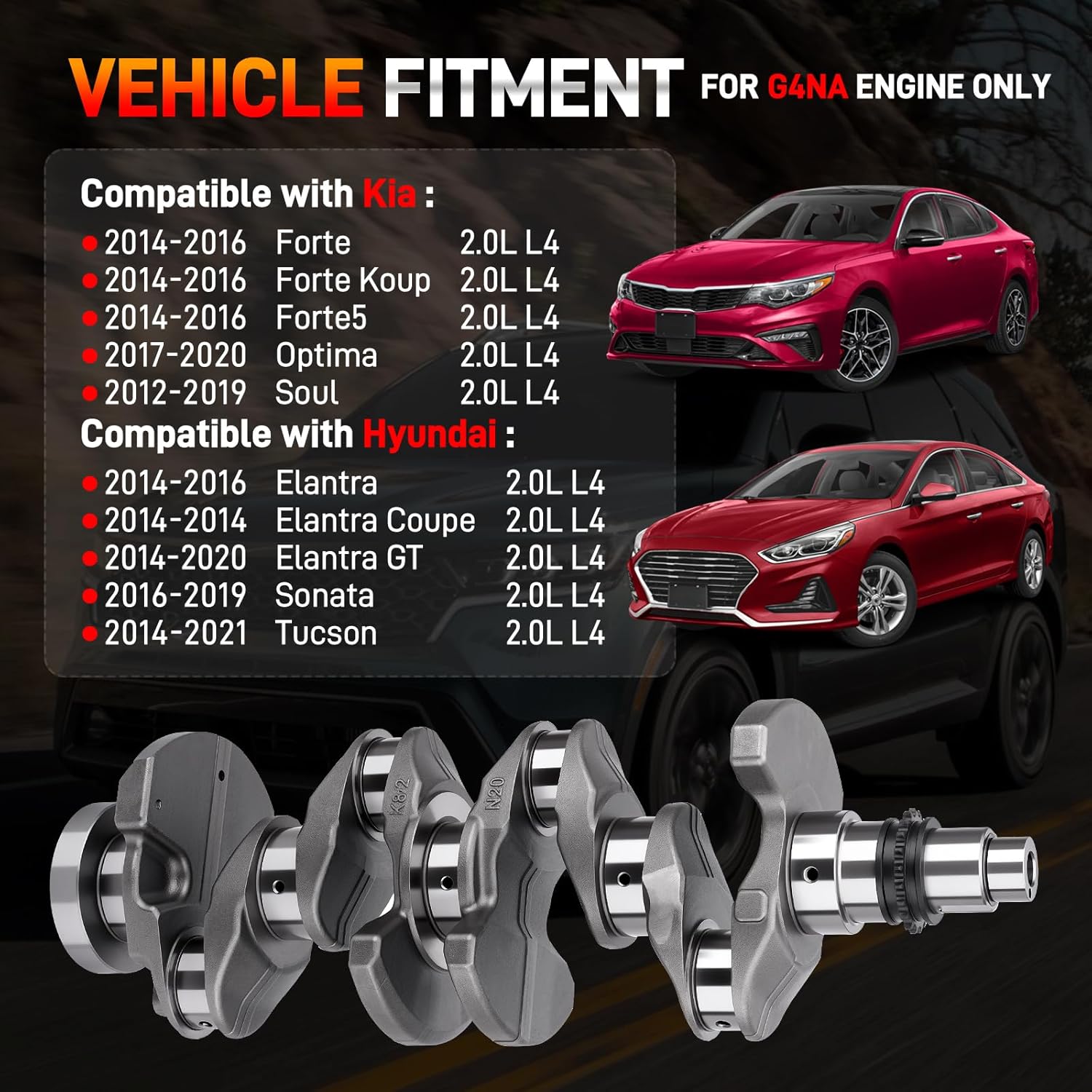 623V6-2EH00 G4NA 2.0L Engine Crankshaft with Connecting Rods & Bearings Compatible with 2014-2021 Kia Soul Optima Forte Forte5 Hyundai Sonata Tucson Elantra Replace# 23110-2E200 23500-2E400