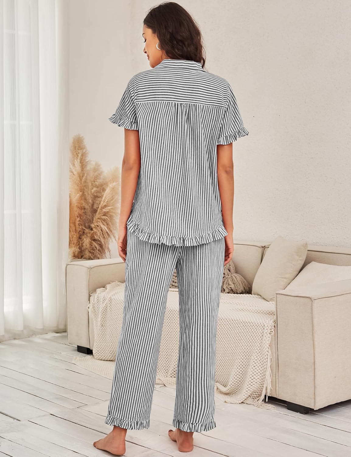 COZYPOIN Women's Cotton Pajama Sets Striped Short Sleeve Top Long Pants 2 Piece Pjs Sets Cute Ruffle Sleepwear Loungewear - Image 4