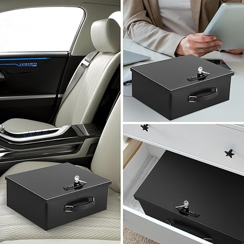 Miniatura 8 de Dalmbox Caja de seguridad portátil de metal con doble combinación y cerradura de llave, almacenamiento resistente al fuego para documentos,