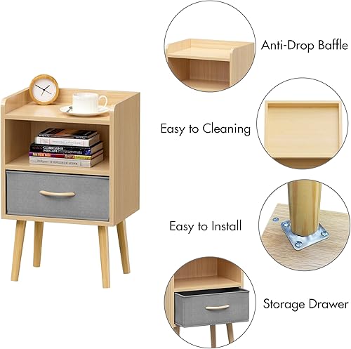 Miniatura 4 de Mesita de noche con cajón de tela plegable, mesa auxiliar de almacenamiento de 2 niveles, mesa auxiliar de madera con armario de almacenamiento