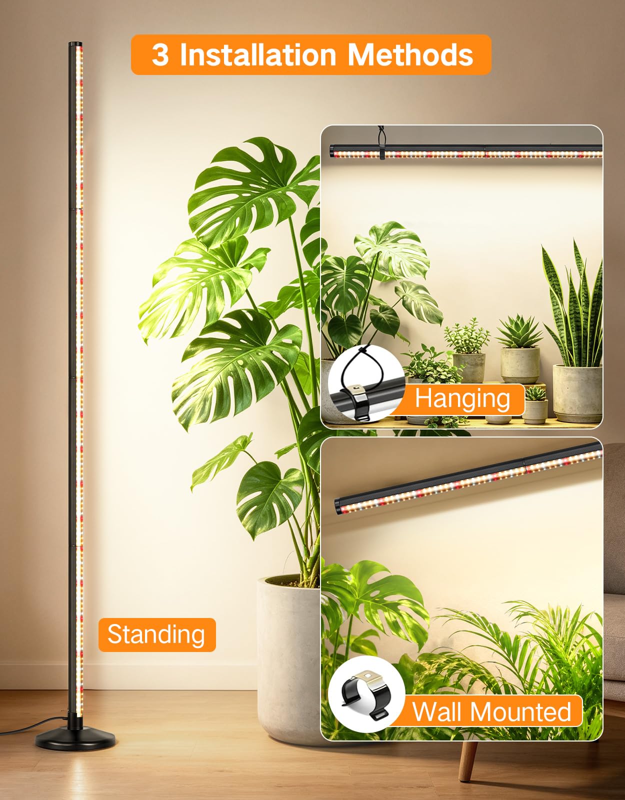 OUTON Lámpara LED para plantas de interior, espectro completo, 48 W, 195 cm | 210 LED, 6000 K, CRI 96, 10 niveles, temporizador 4/8/12 h, mando a distancia, base redonda, altura hasta 195 cm
