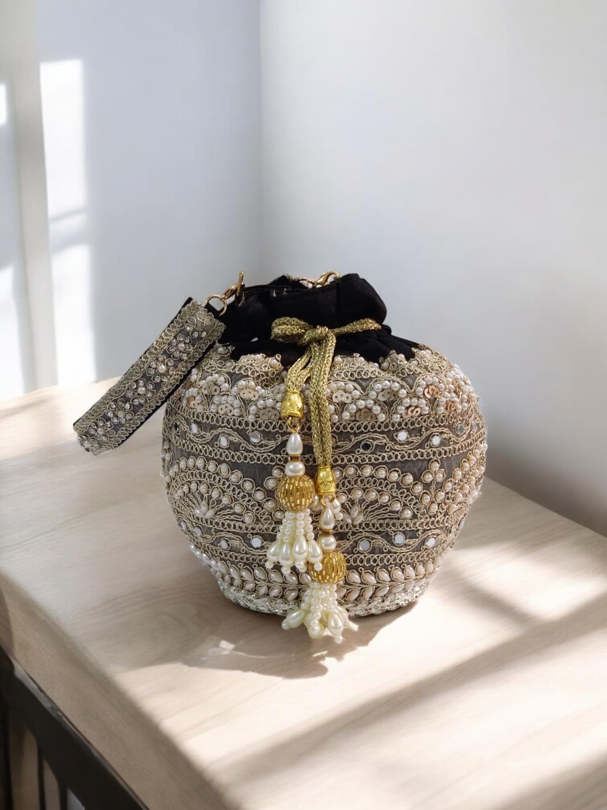 OMID Women's Black Potli Bag- Traditional Boho Pouch String- Tie Sack,Beaded Silk Purse for Girls and Women, Bridal Festive Gifting Bag For Women and Girls 2