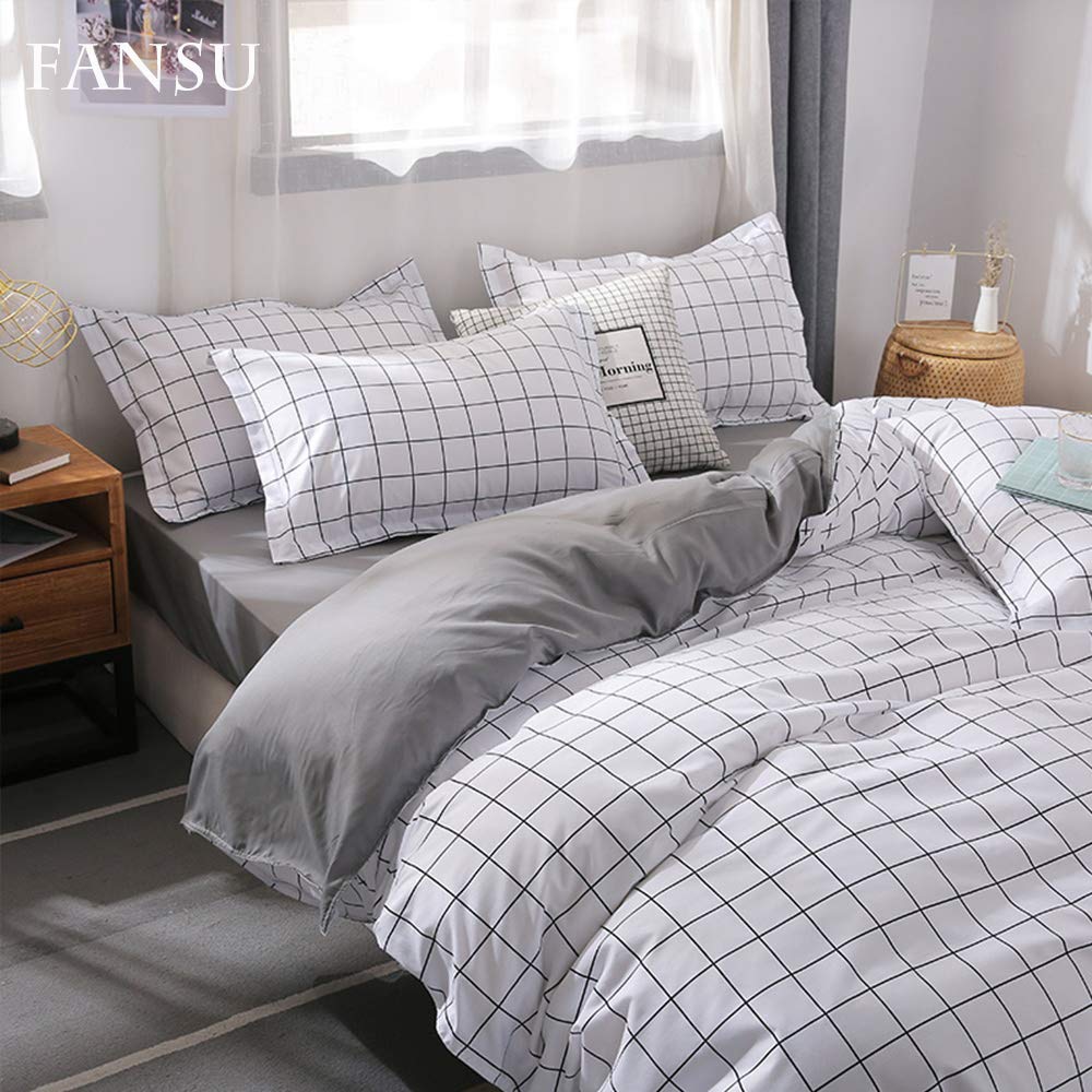 Fansu Juego de Ropa de cama4 Piezas, Incluye Minimalismo Moderno Microfibra 1 Cremallera Funda Nórdica de Edredón + 1 Colcha de Cama o Sábana + 2 Fundas de Almohada (220x240cm-2.2M,A Cuadros Simples)