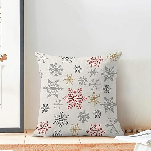 Miniatura 2 de Juego de 2 fundas de almohada de invierno de 18 x 18 pulgadas, color negro, rojo, dorado, gris, copos de nieve, fundas de almohada de lino para