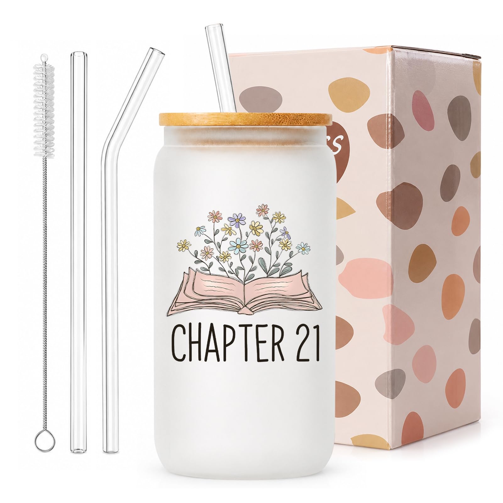 exylosluxek Chapter 21 Frosted Glass Drinking Tumbler, 21st Birthday Mug, 21st Birthday Gift for Her, Gift Set with Two Glass Straws and Cup Brush
