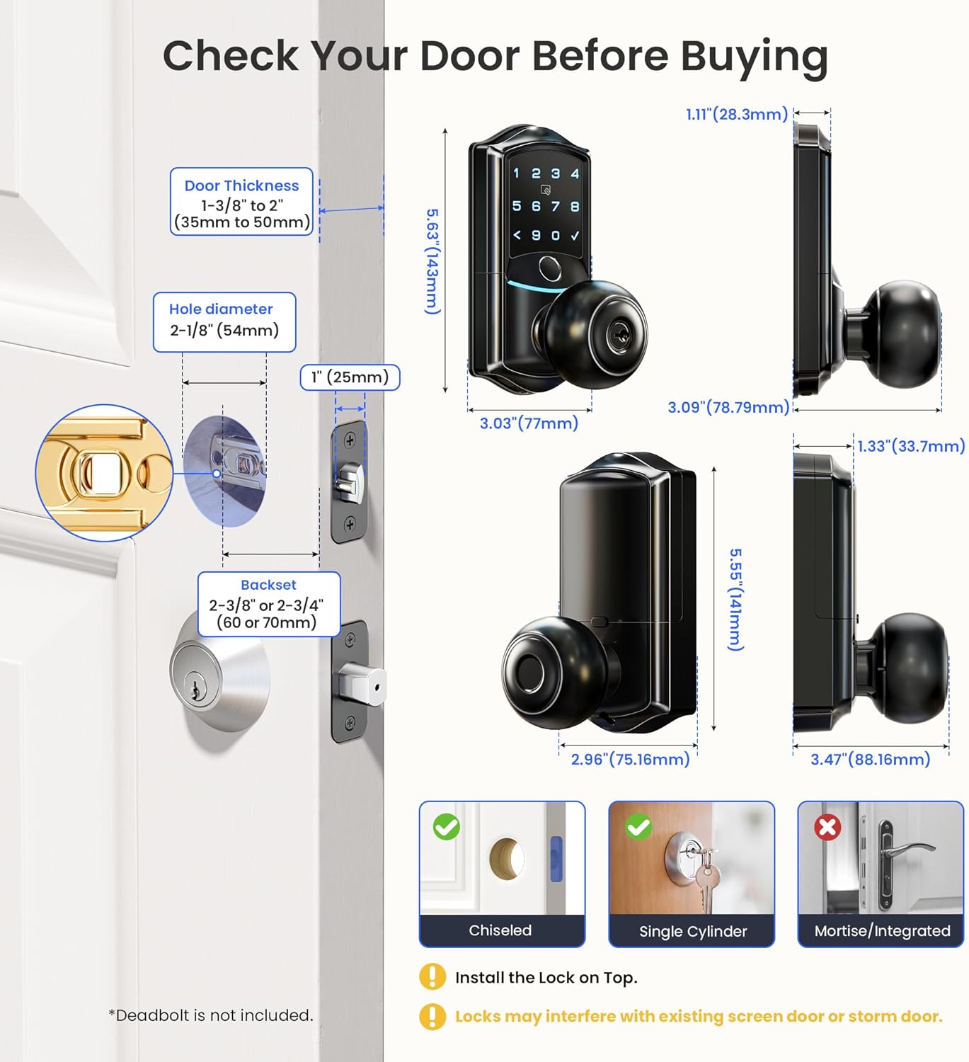 Diagram showing door dimensions and compatibility requirements for the Veise VE028 smart lock.