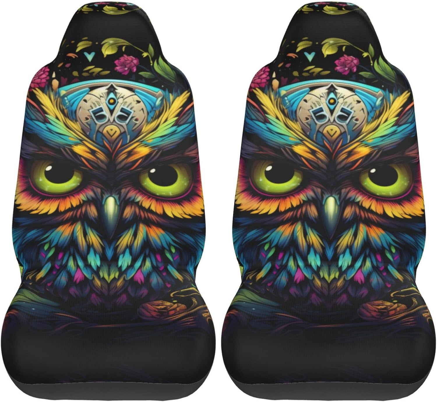 Universal Owl with Colored Eyes Printed car seat Covers are Suitable for Most Seats in Trucks, Vans, and Other Similar Vehicles.