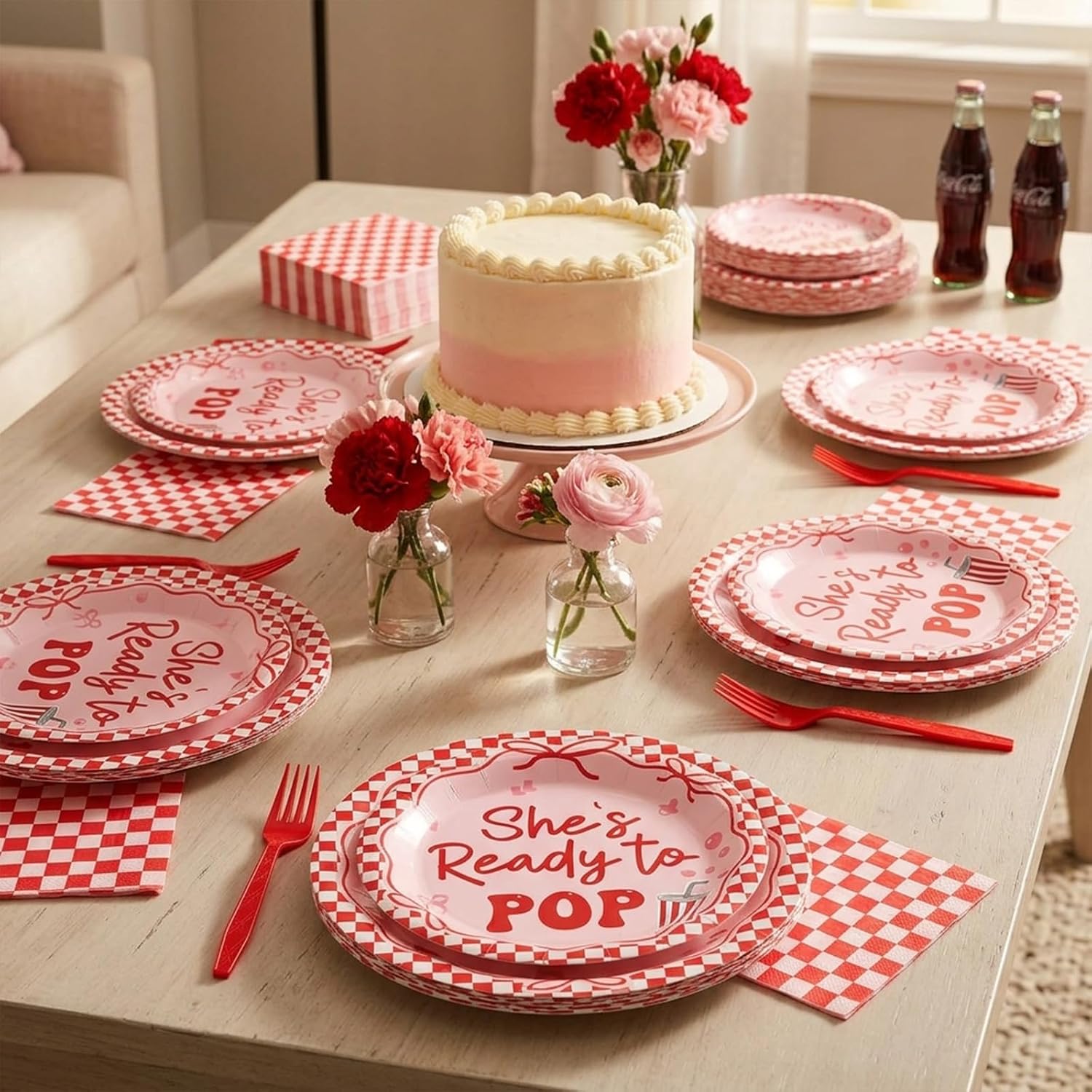 Wiooffen 96 Pcs She's Ready to Pop Baby Shower Decorations Party Supplies Tableware Set Soda Theme Party Decorations Red and White Checkered Table Supplies Red Grid Paper Plates Napkins for 24 Guests