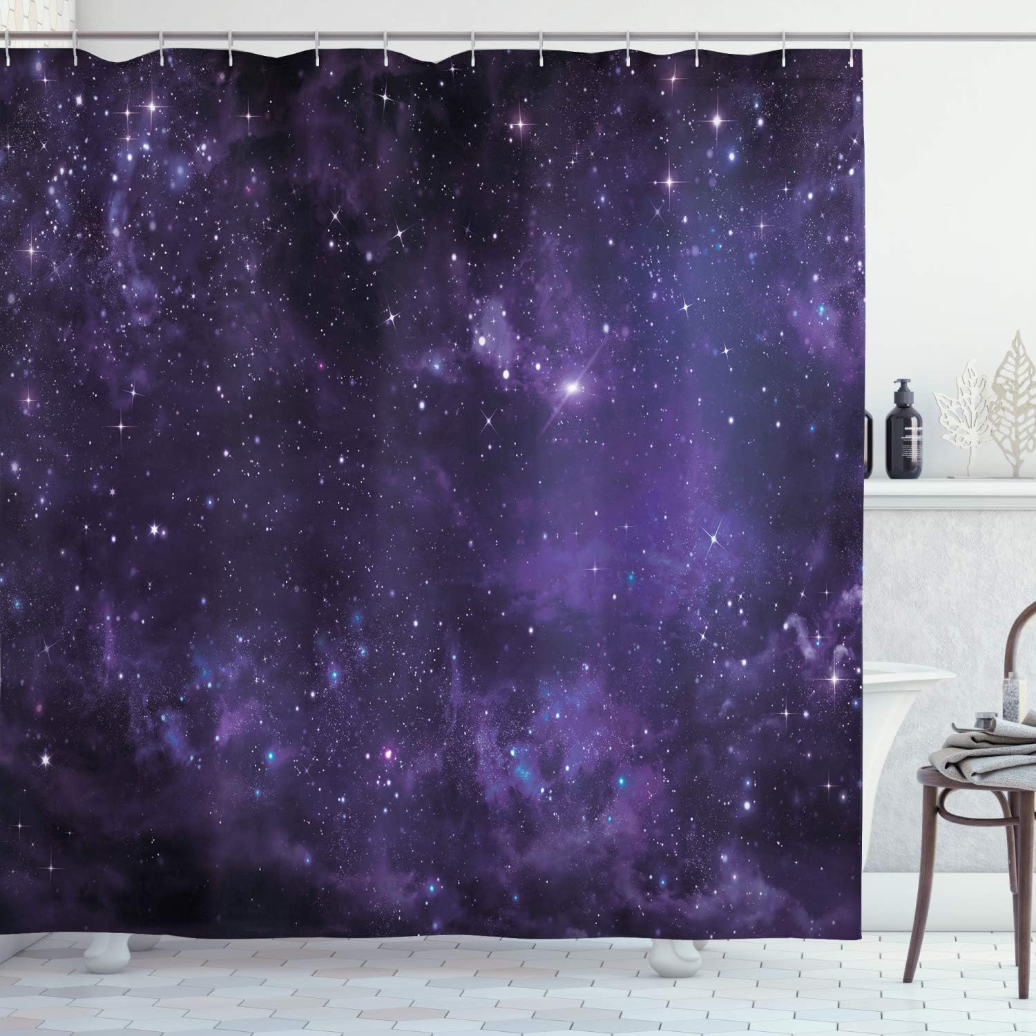 Ambesonne Galaxy Shower Curtain, Celestial Stars in Night Sky Stardust in Clouds Fantasy World of Space, Cloth Fabric Bathroom Decor Set with Hooks, 69" W x 75" L, Black and Purple