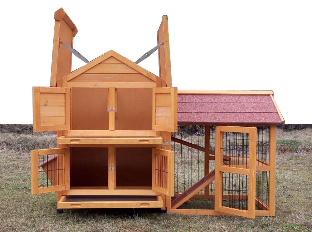 Kaninchenstall Hasenstall draußen Winterfest-Hasengehege Freilaufgehege XXL groß Hasendraht De Luxe aus massiven Holz Meerschweinchen Stall 2 Etagen für 2 Kaninchen