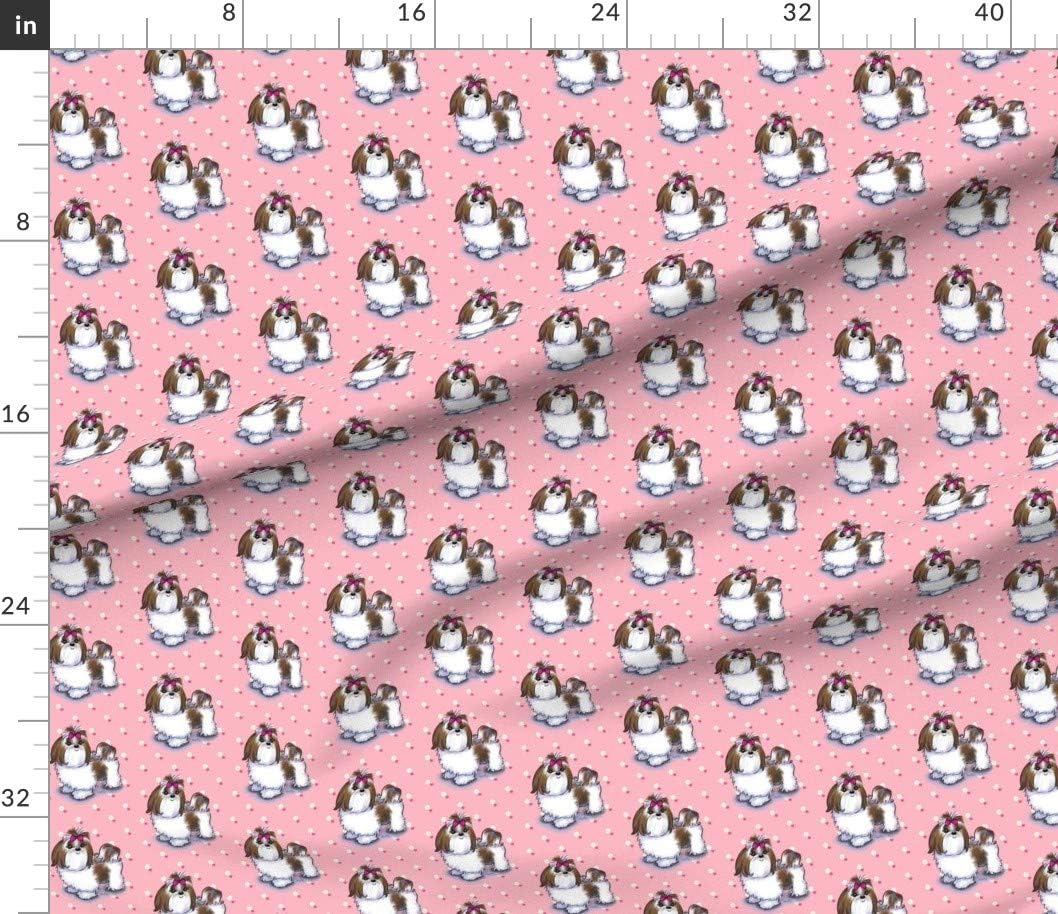 Spoonflower Fabric - Shih Tzu Pink Flowers Dog Puppy Breed Dots Printed on Petal Signature Cotton Fabric by The Yard - Sewing Quilting Apparel Crafts Decor