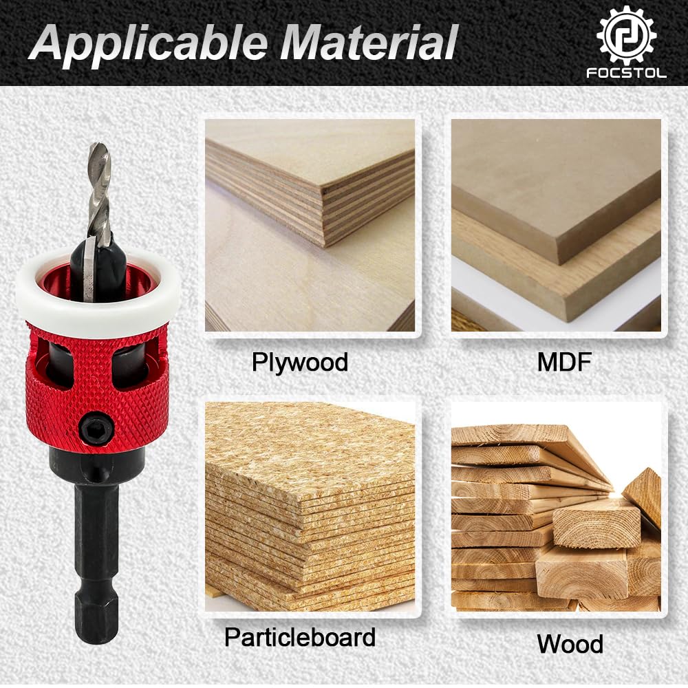 FOCSTOL Svasatore per Legno - 5 pezzi 3,6mm Punta da Trapano Svasatore a 82 Gradi con Codolo Esagonale 6,35mm a Cambio Rapido per Legno, Plastica
