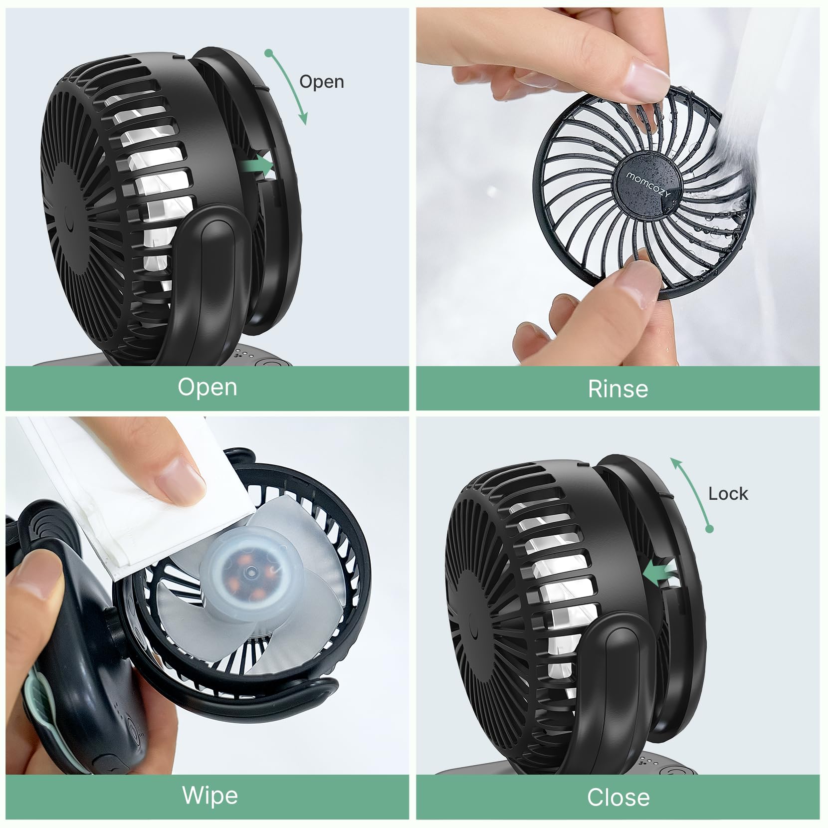 momcozy Przenośny wentylator do wózka dziecięcego z klipsem, 4 prędkości, do nosidełka, ultralekki 118 g, szczeliny ≤4,5 mm, ładowalny i obrotowy, do wózka podróżnego i biura