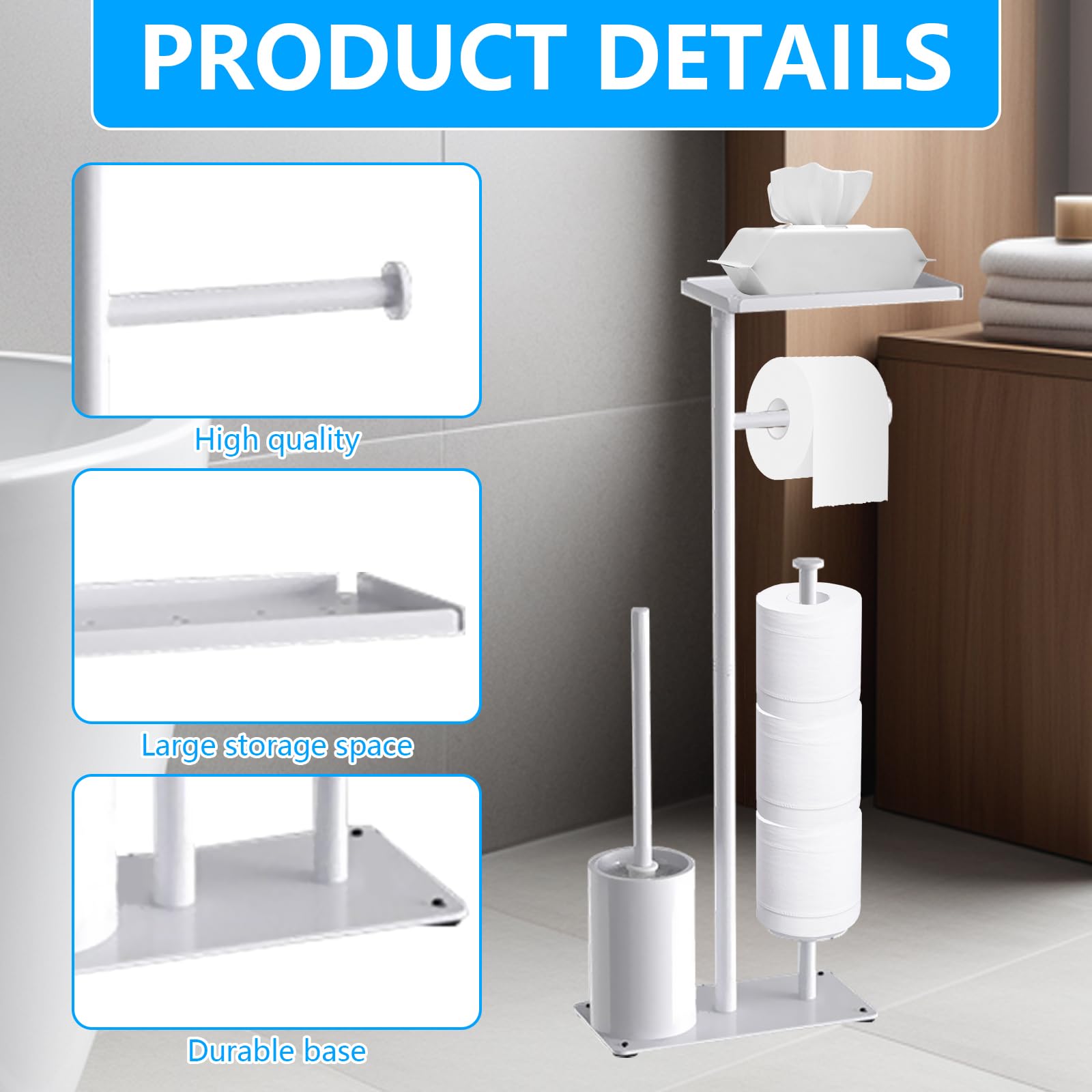 Portarrollos para Papel Higiénico, 59CM Soporte para Papel Higiénico De Pie De Metal con Estante Superior con Escobilla para Baño Y Hogar con Capacidad para 3 Rollos De Repuesto