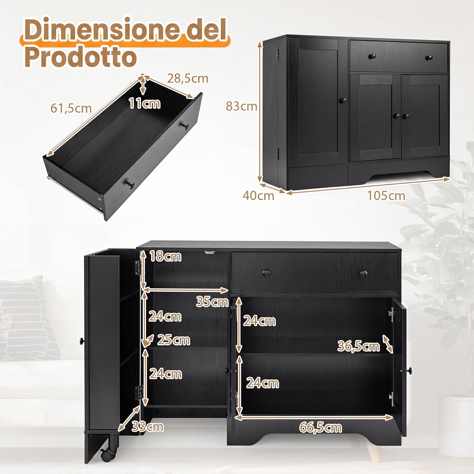 COSTWAY Credenza Buffet da Cucina in Legno, 105 x 40 x 83 cm (Nero) | Mobile Dispensa da Cucina con Cassetto, Ripiani, Anta Girevole con Ruota, Armadietto a 2 Ante, per Soggiorno e Sala da Pranzo
