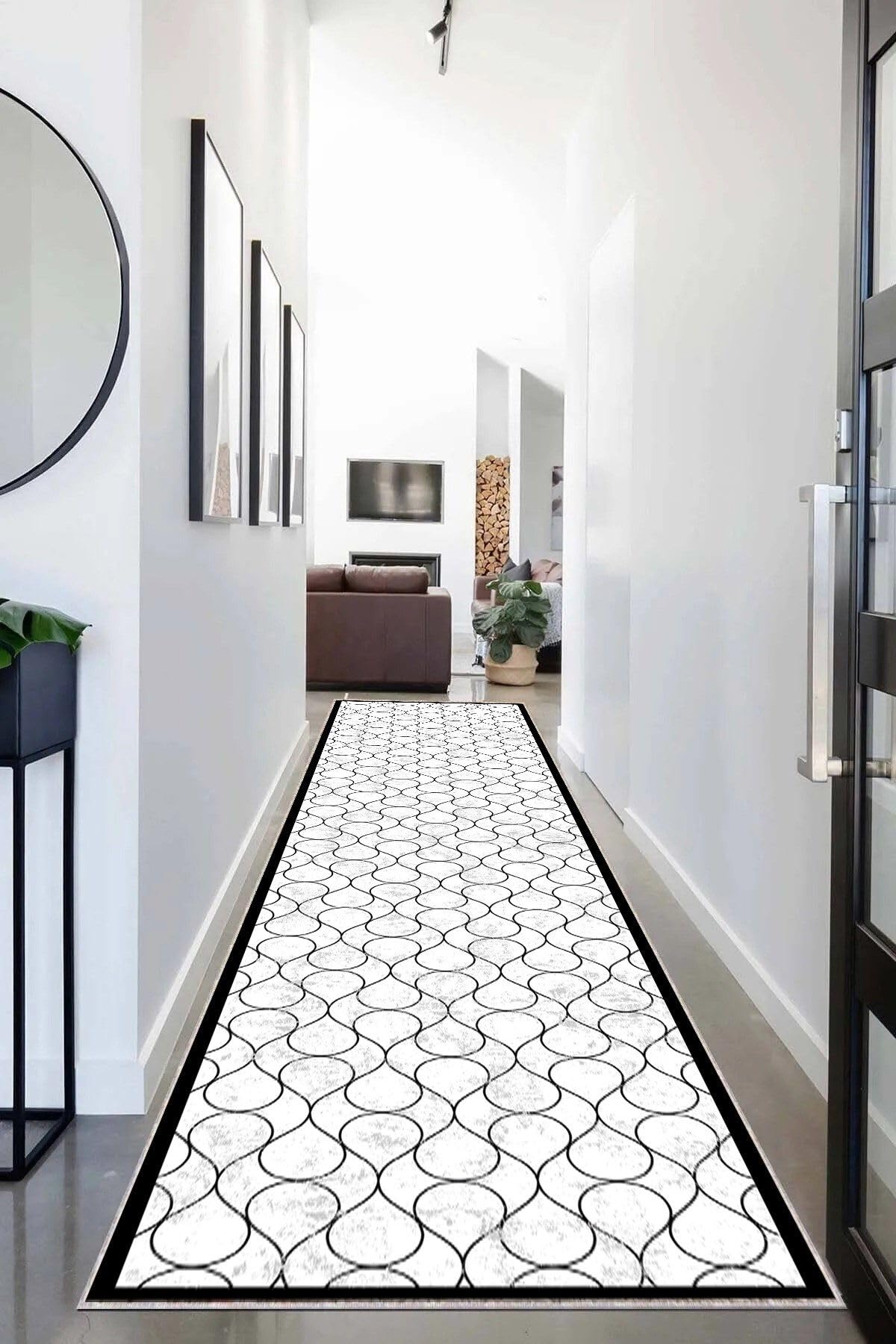 Pelangi Geometrik Desenli Siyah Beyaz Dijital Baskı Yıkanabilir Kaymaz Taban Salon Halısı ve Yolluk, Siyah-Beyaz 80 x 350, 9554852803507