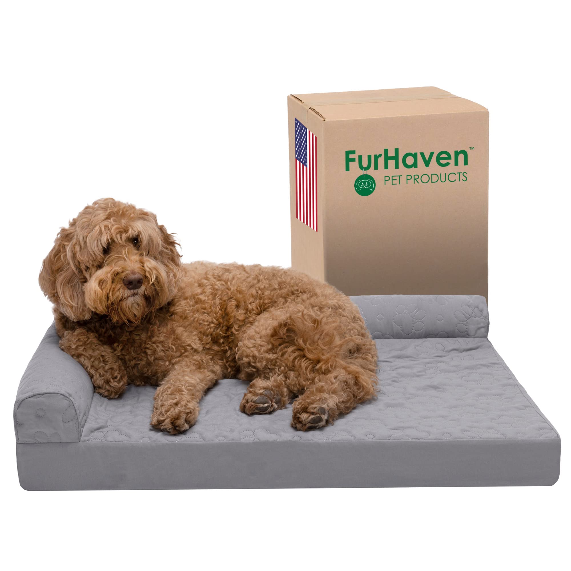 Furhaven Large Orthopedic Dog Bed Pinsonic Quilted Paw L Shaped Chaise w/ Removable Washable Cover - Titanium, Large