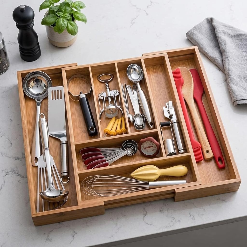 Bamboo Expandable Drawer Organizer for Kitchen Utensils, Adjustable Cutlery Tray Divider with Multiple Compartments