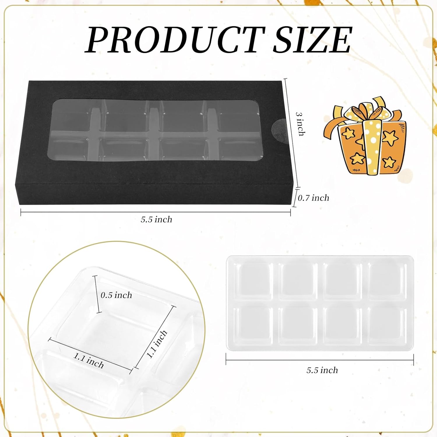 50 Pcs Gift Boxes for Wax Melts Plastic Mold with Box Wax Melt Boxes Crystal Clear Wax Melt Molds Wax Melts Containers for Wax Cubes Wax Tarts Wax Block (8 Cavity, Black)