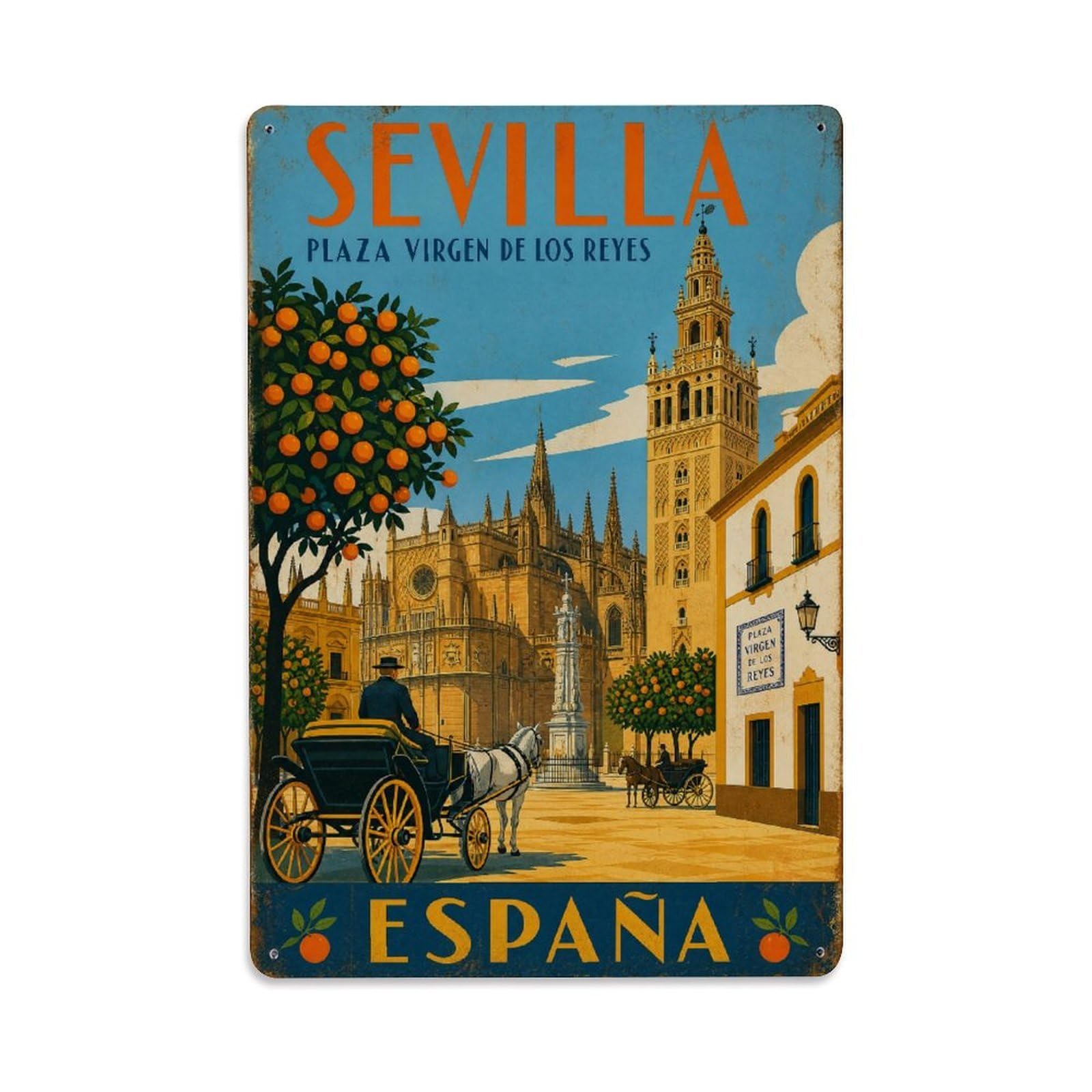 Huiyhb 8X12inch(20X30cm) Vintage Travel Plaza Virgen Reyes Seville Cathedral Square Metal Tin Sign