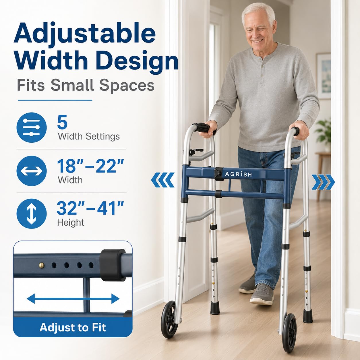 Agrish Andador Estrecho para Espacios Reducidos, Anchura 5 Niveles Altura 10 Niveles Regulable, Tacataca Plegable para Puertas Angostas, Caminadores Ligeros para Ancianos Mayores