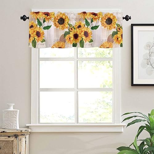 Miniatura 3 de Cenefas de girasol para ventana, cenefa de cortinas de flores retro para cocina, bolsillo para barra de 3 pulgadas, con recorte de periódico