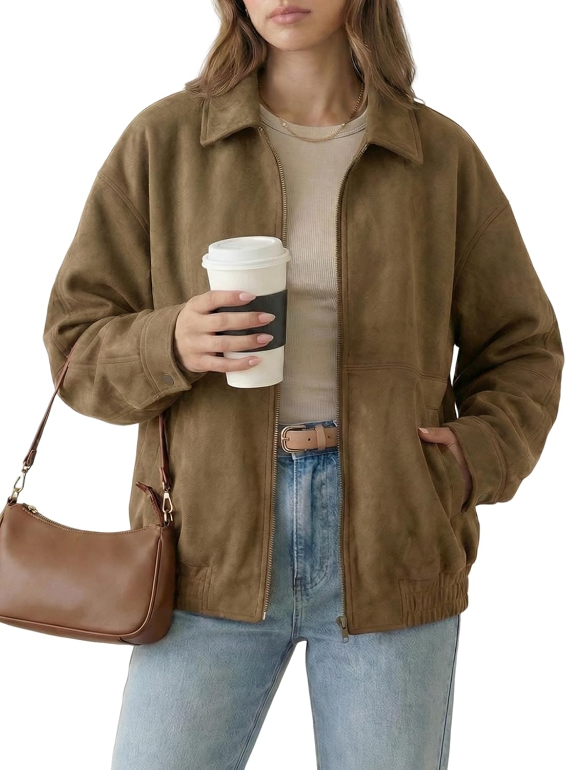 PHISOCKAT Faux Suede Jacket Women Oversized Casual Zip Up Long Sleeve Bomber Jackets Trendy Coat with Pockets