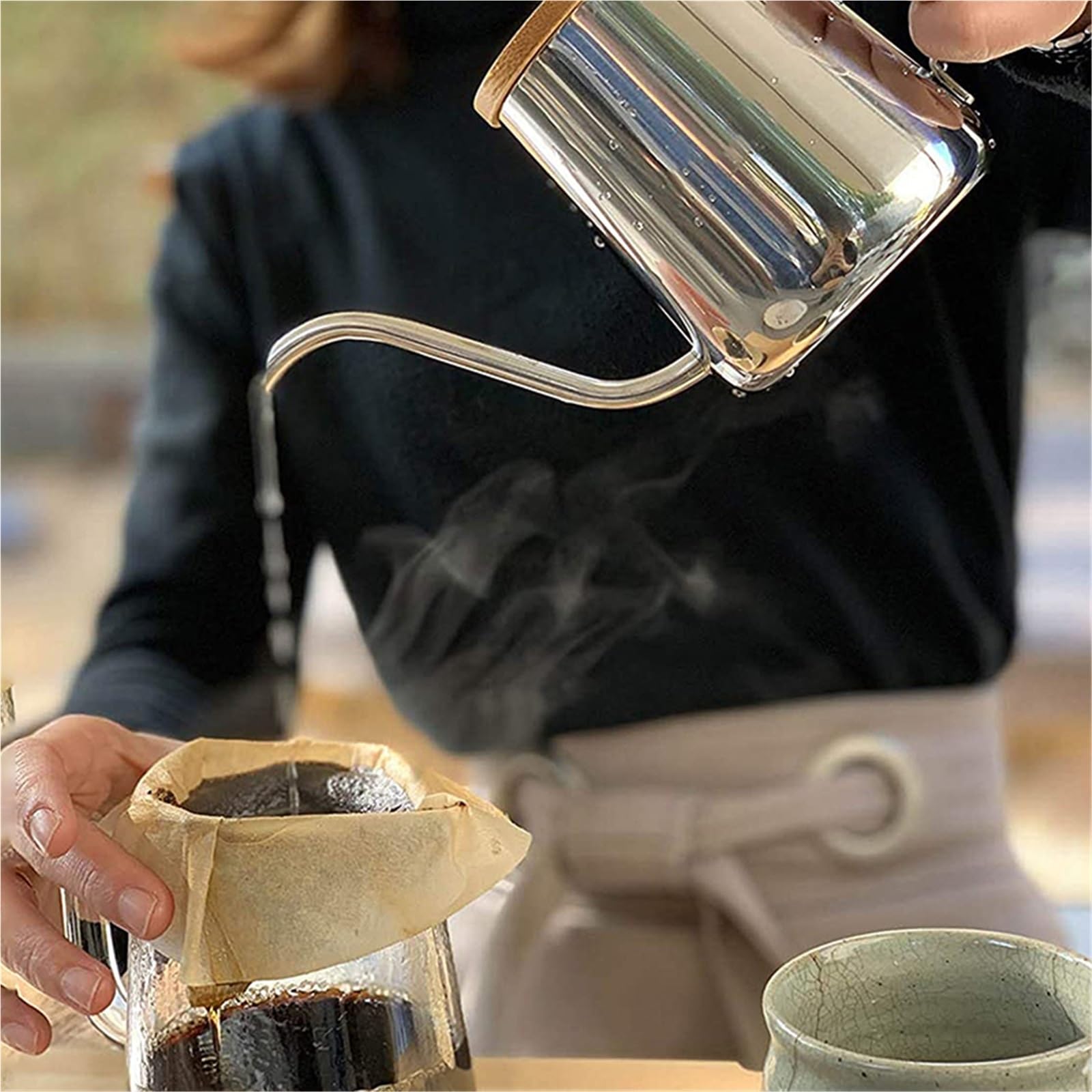 Hervidor De Café Tetera de goteo de 350ML/600ML, tetera de café con revestimiento antiadherente, tetera de goteo de café de boca fina con cuello de cisne de acero inoxidable Para Café，Té(Black 600ml)