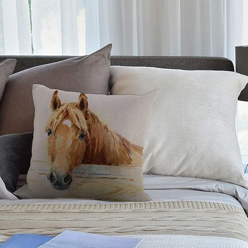Miniatura 7 de HGOD DESIGNS Funda de cojín decorativa con diseño de caballo de acuarela en el arte estable, funda de cojín cuadrada de lino y algodón, 20 x 20