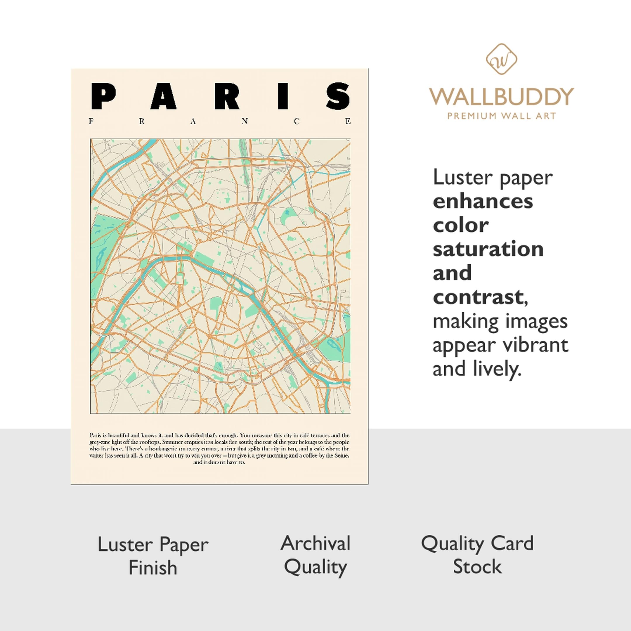 Wallbuddy Stampa Artistica Mappa di Parigi | De (50 x 70 cm, Senza cornice)