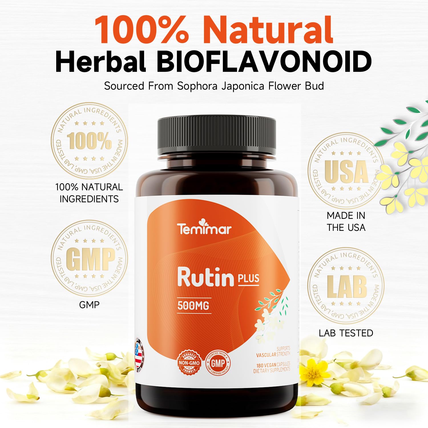 Rutin 500mg Supplement, Flavonoids Supplements from Sophora Japonica, Supports Vascular Health & Antioxidents, Non-GMO, Gluten-Free, Made in USA, 180 Vegan Capsules — Amazon image 4