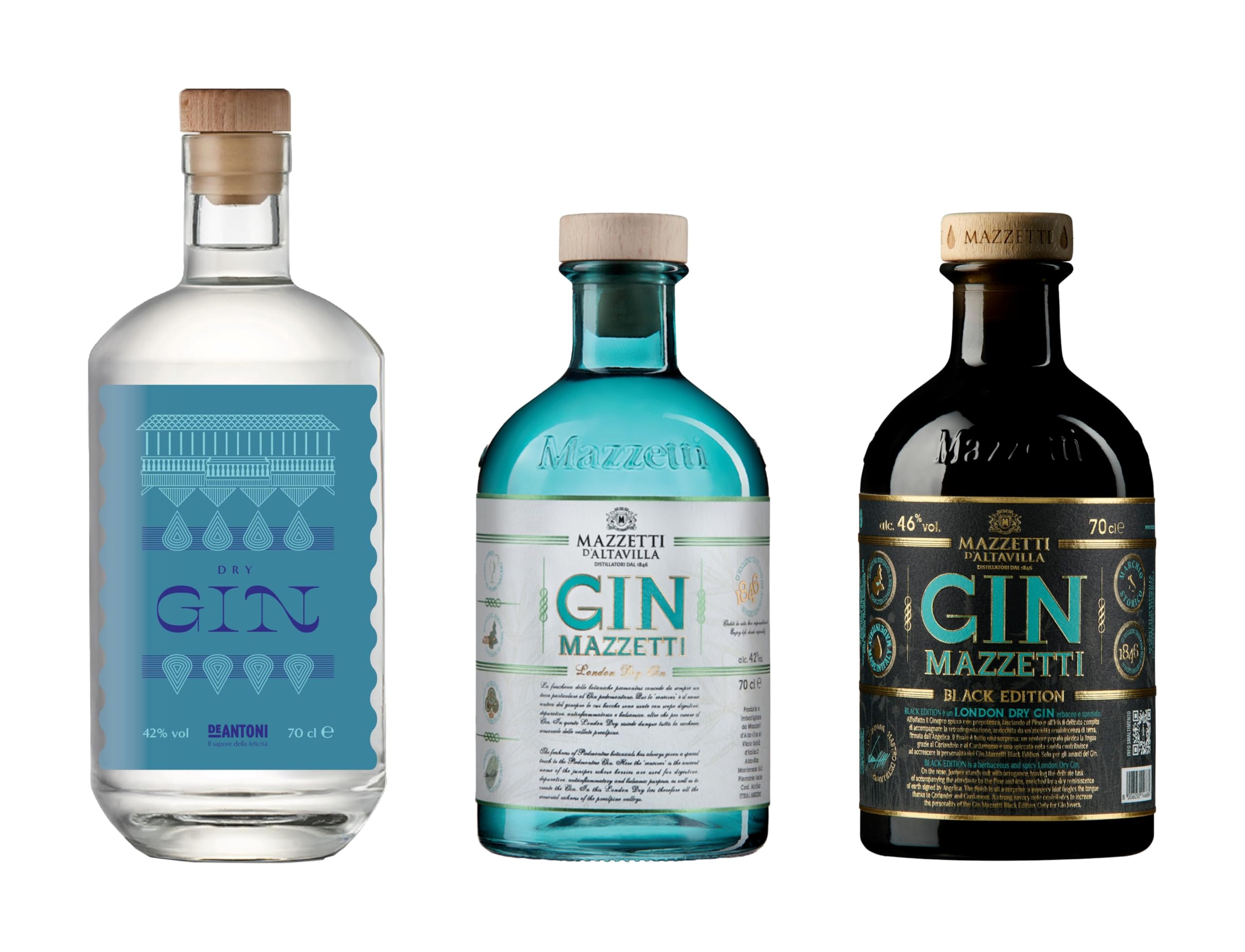 Degustazione GIN Italiano | Confezione da 3 bottiglie da 70 cl l'una: Gin artigianale De Antoni secco ed equilibrato, Mazzetti botanico, Mazzetti Black Edition speziato