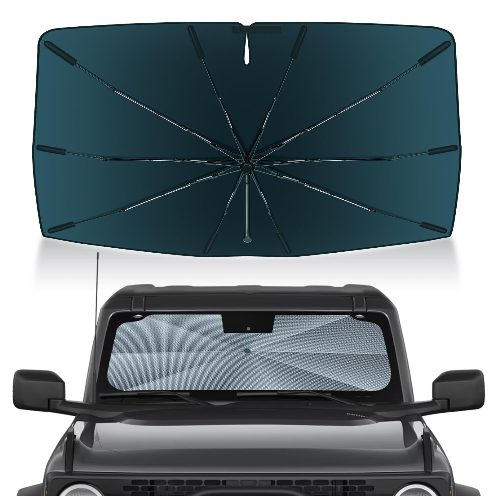 Autorder Windshield Sun Shade Umbrella for 2021-2026 Ford Bronco Accessories,Upgraded Ice Crystal Material,Easy Setup Umbrella Sunshade for Car Windshield,100% Sun Blocking(Not for Bronco Sport)