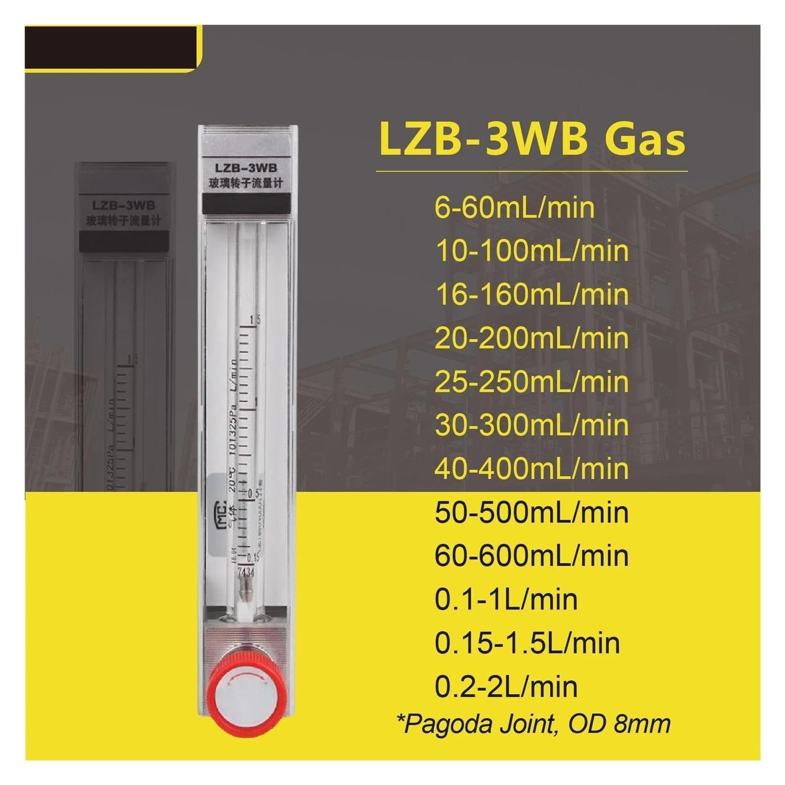 Medidor de flujo de aire con rotámetro de vidrio LZB-3WB(10-100ML-min)