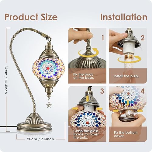Miniatura 6 de Yarra-Decor - Lámpara turca marroquí con base de bronce, lámpara de mesa hecha a mano con cuello de cisne y mosaico de vidrio Tiffany, cambia de