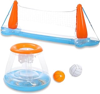JOYIN Inflatable Pool Float Set Volleyball Net & Basketball Hoops, Floating Swimming Game Toy for Kids and Adults, Volleyb...