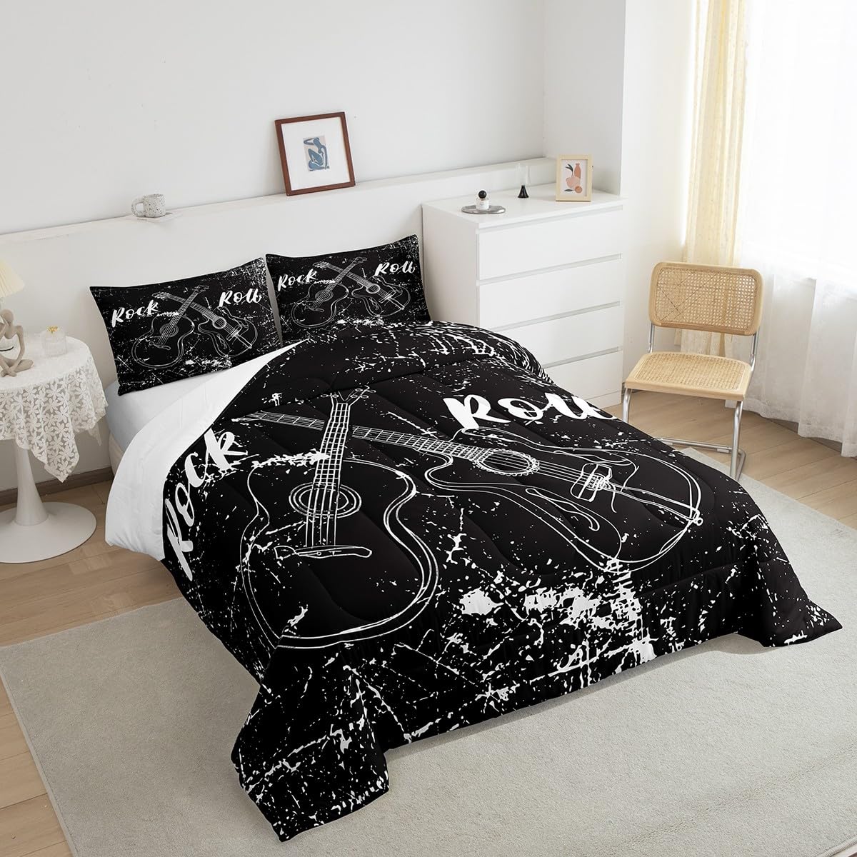 Castle Fairy Rock Roll Music Comforter Sets King Size,Guitar Instrument Bedding Comforters for Kids Boys Teens,Retro Abstract Graffiti Down Alternative with 2 Pillowcases