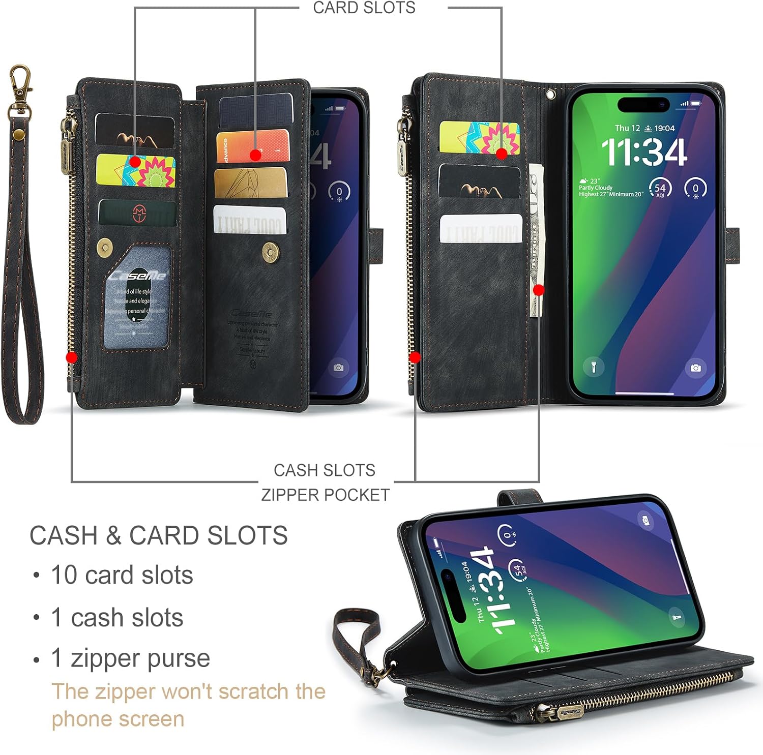 Wallet Case for iPhone 15 Plus with Card Holder, Wrist Strap, Built-in Kickstand, PU Leather Magnetic Closure Zipper Pocket Case, TPU Shockproof Flip Case Black